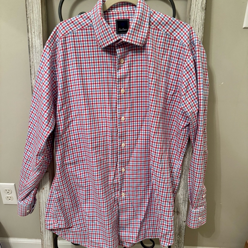David‎ Donahue Red Blue Check Long Sleeve Button Front Cotton Dress Shirt